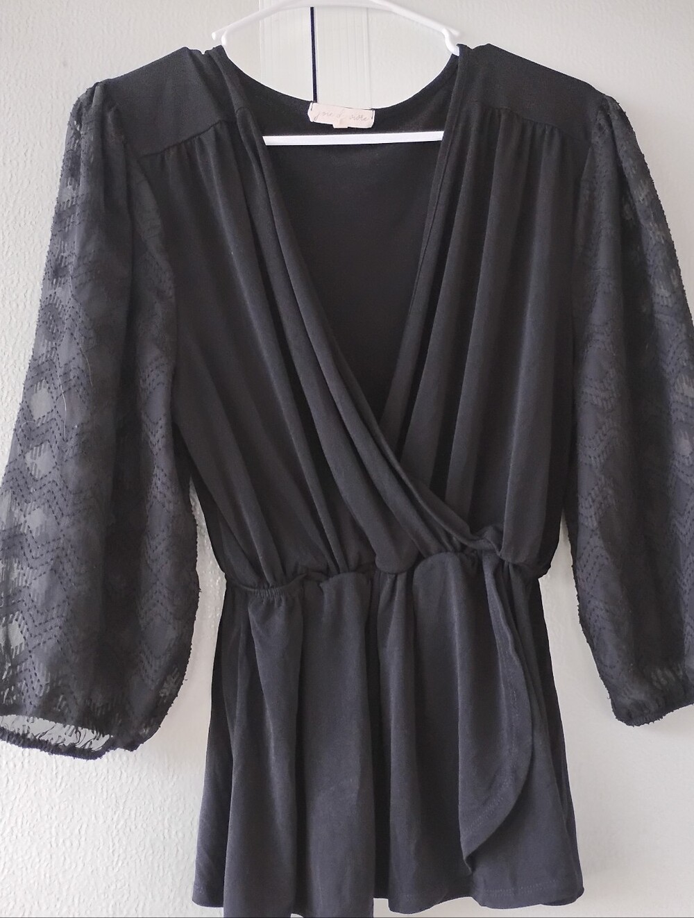 Women's Black Lace-Sleeve Wrap Blouse with Elastic Waist